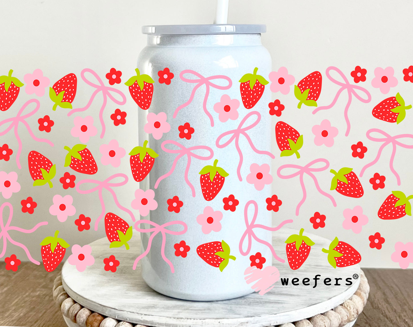 Strawberries, Flowers, Bows Oh My UV DTF Cup Wrap 16oz Glass Can Generic Weefers