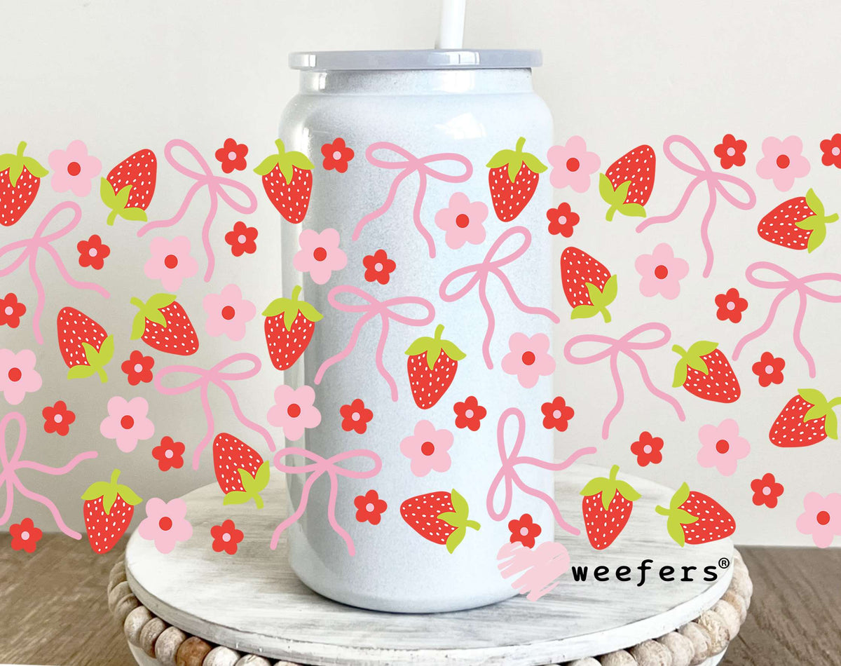 Strawberries, Flowers, Bows Oh My UV DTF Cup Wrap 16oz Glass Can Generic Weefers