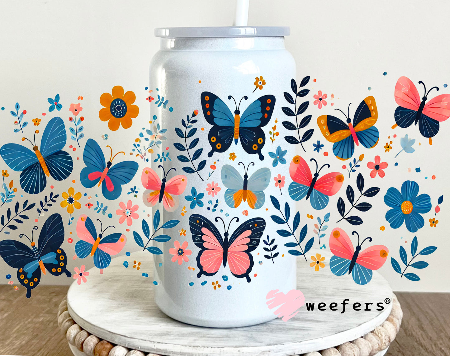 Blue and Pink Butterflies UV DTF Cup Wrap 16oz Glass Can Generic Weefers