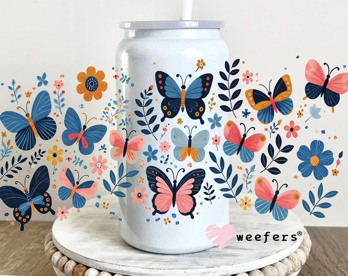 Blue and Pink Butterflies UV DTF Cup Wrap 16oz Glass Can Generic Weefers