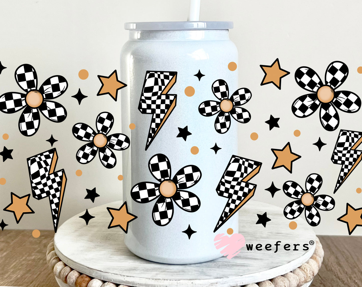 Checkered Lightening Bolts and Flowers UV DTF Cup Wrap 16oz Glass Can Generic Weefers