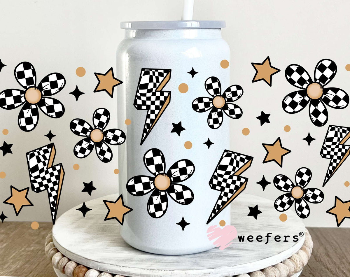 Checkered Lightening Bolts and Flowers UV DTF Cup Wrap 16oz Glass Can Generic Weefers