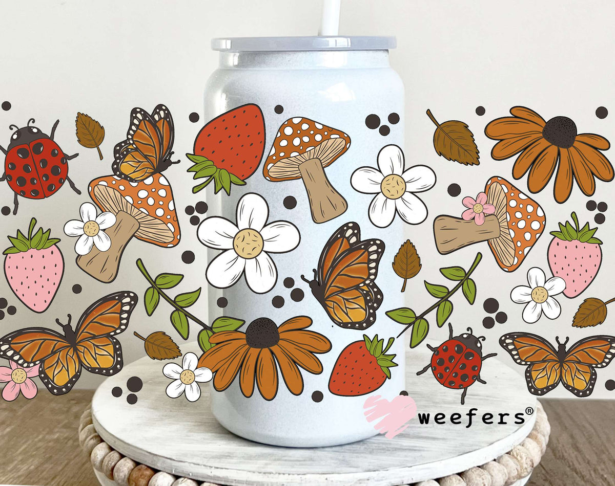 Strawberries, Mushrooms, Flowers Butterflies UV DTF Cup Wrap 16oz Glass Can Generic Weefers