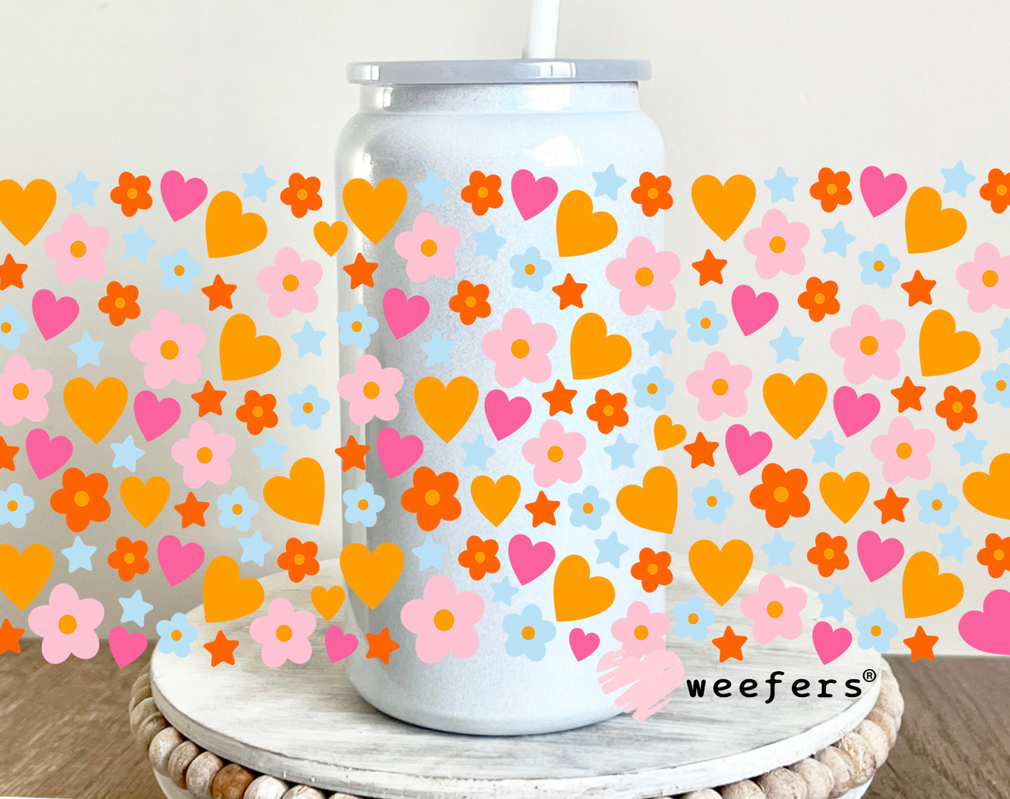Hearts and Flowers Orange Pink UV DTF Cup Wrap 16oz Glass Can Generic Weefers