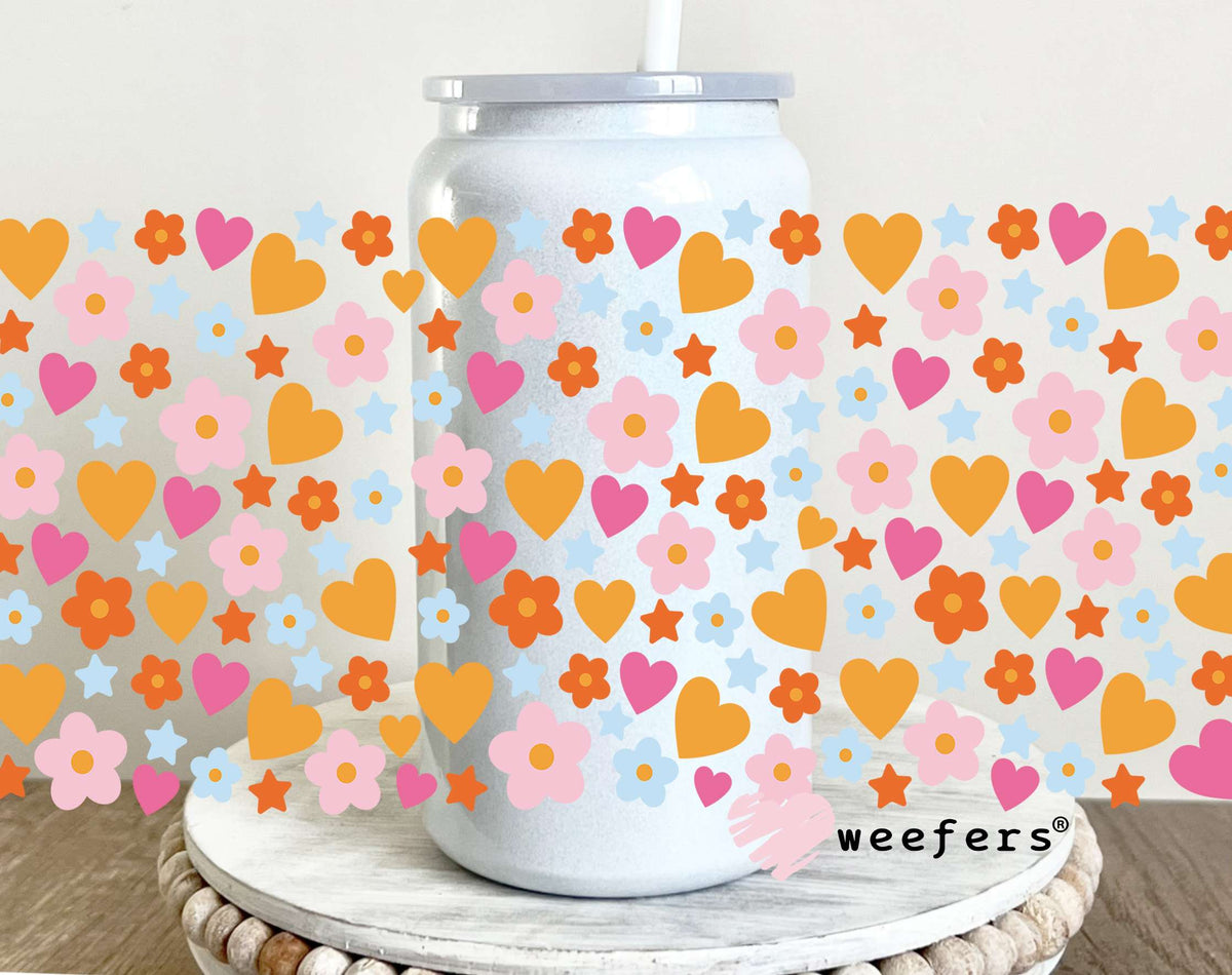 Hearts and Flowers Orange Pink UV DTF Cup Wrap 16oz Glass Can Generic Weefers