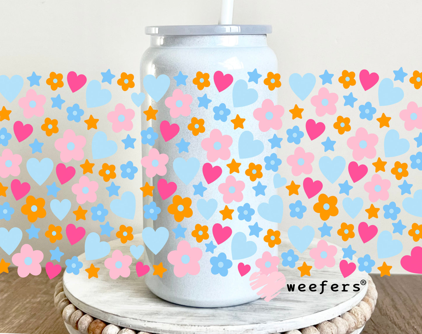 Hearts and Flowers Orange Pink UV DTF Cup Wrap 16oz Glass Can Generic Weefers
