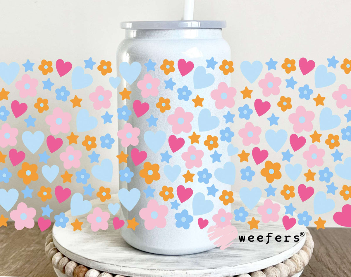 Hearts and Flowers Orange Pink UV DTF Cup Wrap 16oz Glass Can Generic Weefers