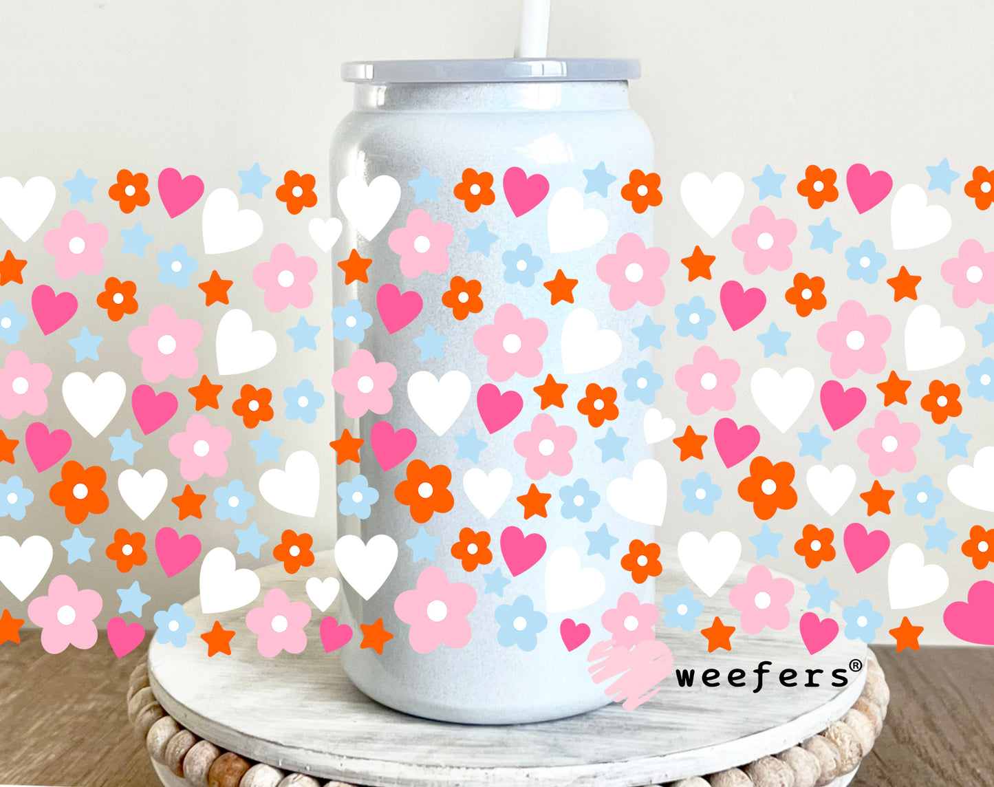 Hearts and Flowers White Pink UV DTF Cup Wrap 16oz Glass Can Generic Weefers