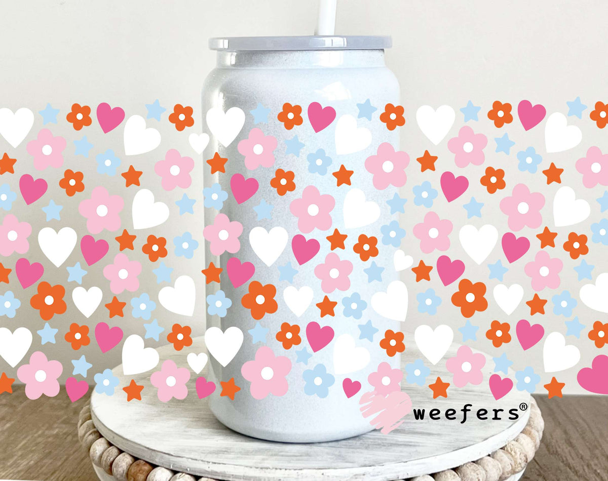 Hearts and Flowers White Pink UV DTF Cup Wrap 16oz Glass Can Generic Weefers