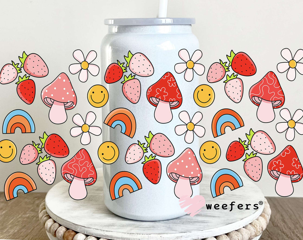 Rainbows Mushrooms and Strawberries UV DTF Cup Wrap 16oz Glass Can Generic Weefers