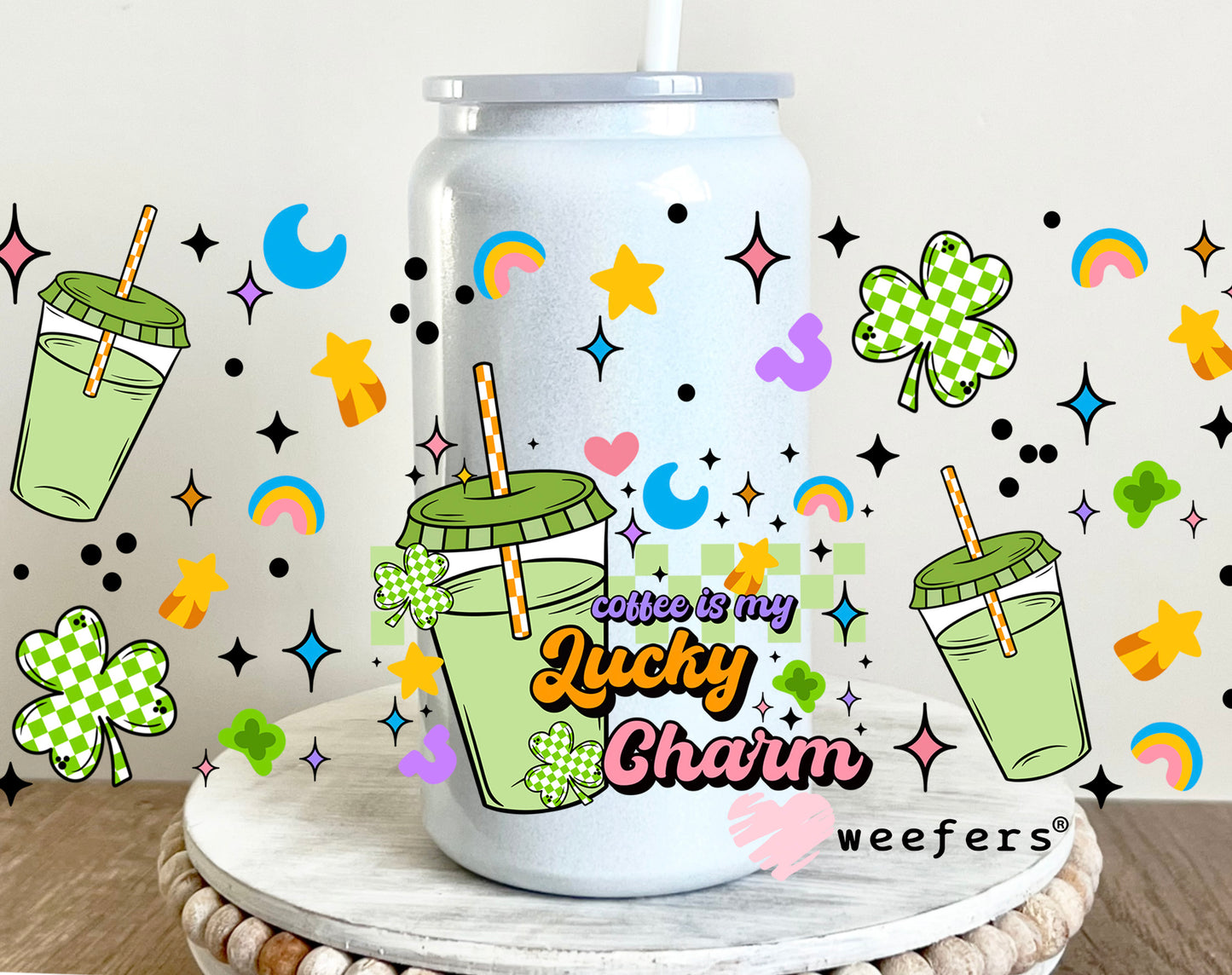 Coffee is My Lucky Charms UV DTF Cup Wrap 16oz Glass Can Generic Weefers