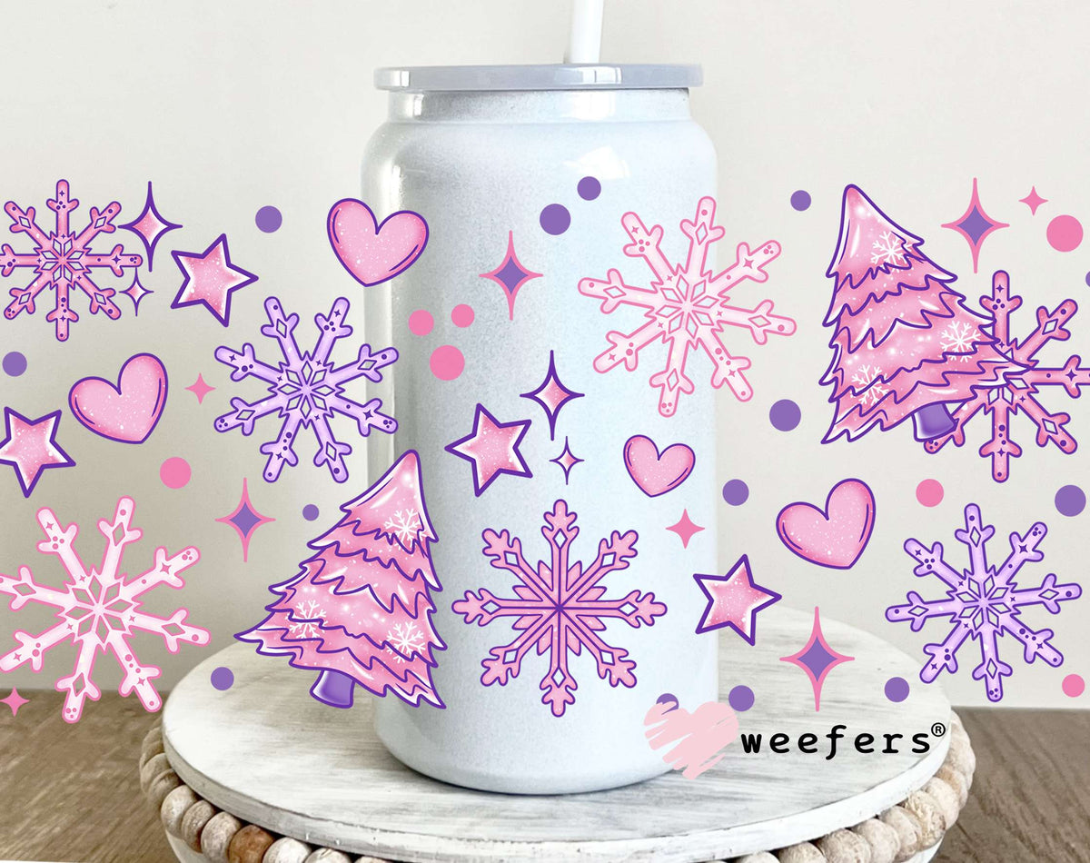 Pink Christmas Trees Snowflakes UV DTF Cup Wrap 16oz Glass Can Generic Weefers