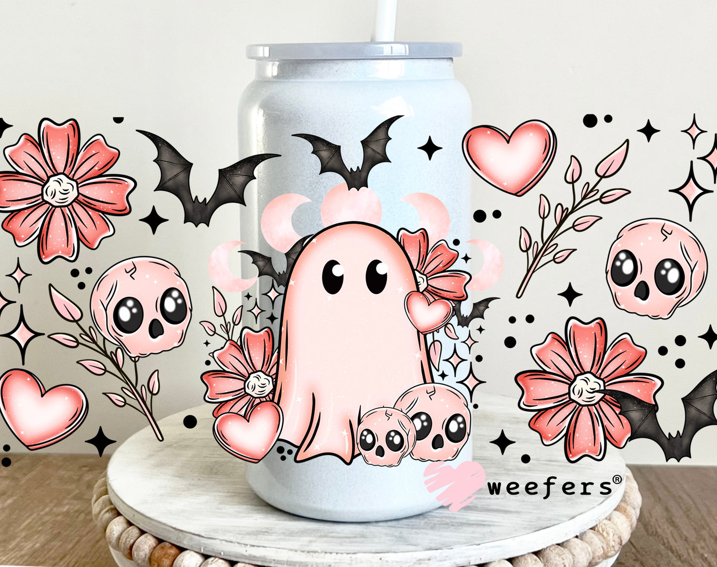 Blush Ghost and Skullies UV DTF Cup Wrap 16oz Glass Can Generic Weefers