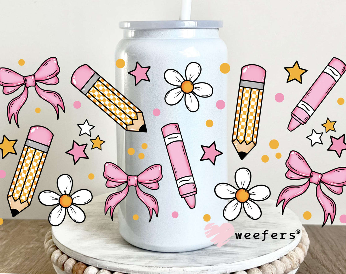 Pink Teacher Coquette UV DTF Cup Wrap 16oz Glass Can Generic Weefers