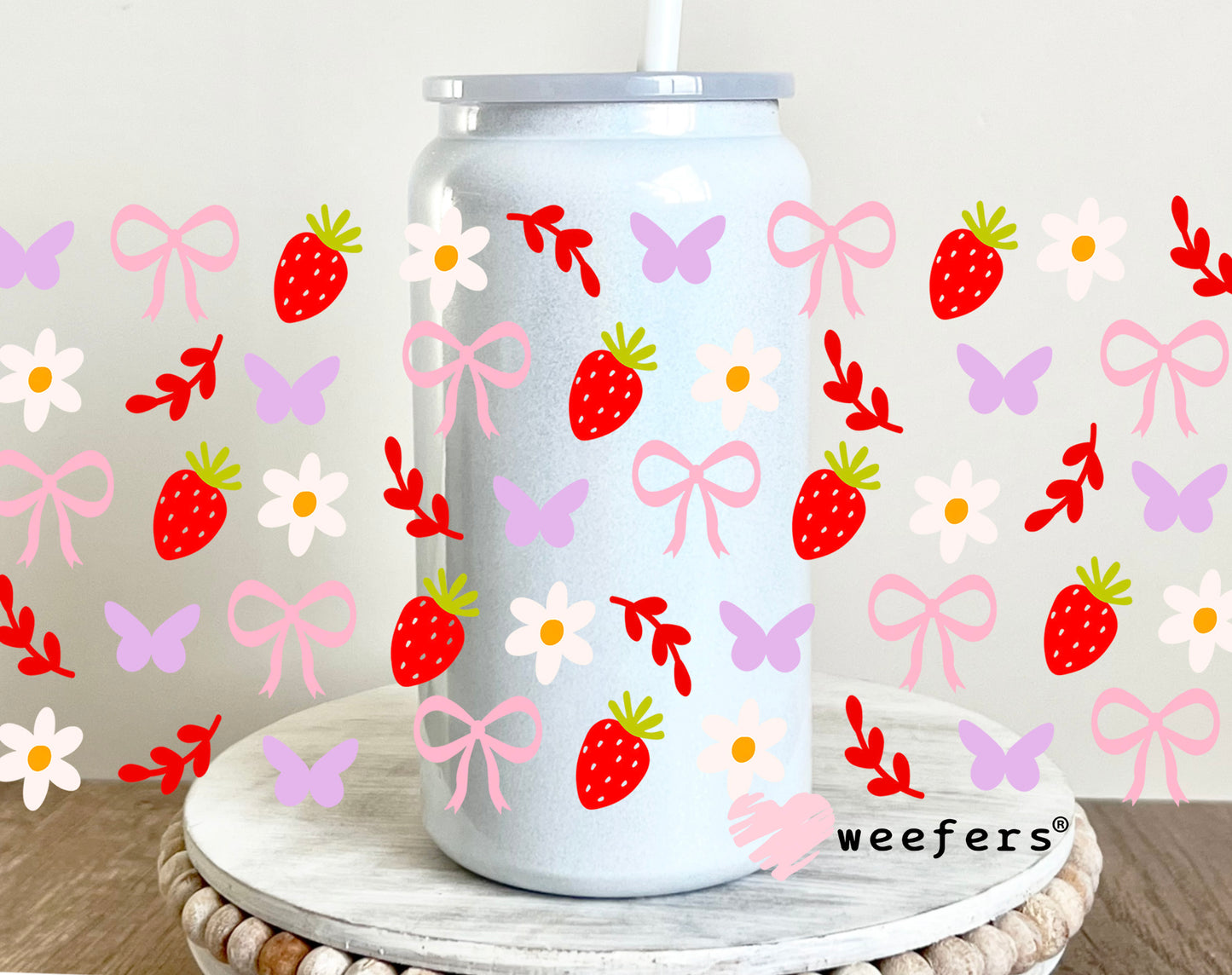 Coquette Strawberries and Bows UV DTF Cup Wrap 16oz Glass Can Generic Weefers