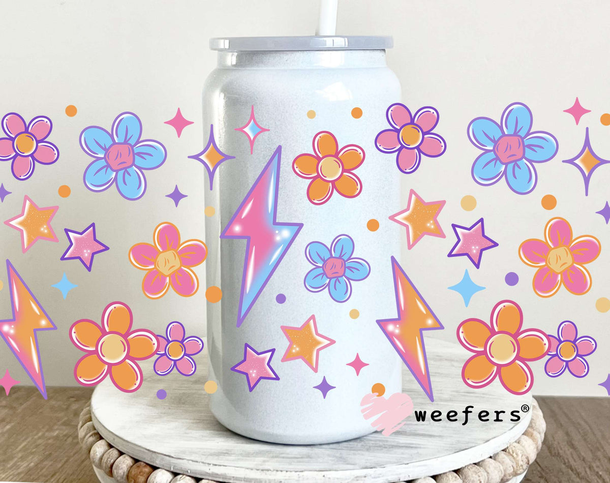 Orange and Blue Flowers and Lightening Bolts UV DTF Cup Wrap 16oz Glass Can Generic Weefers