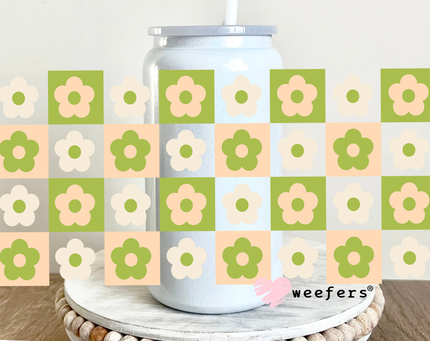 Color Block Flowers Green UV DTF Cup Wrap 16oz Glass Can Generic Weefers