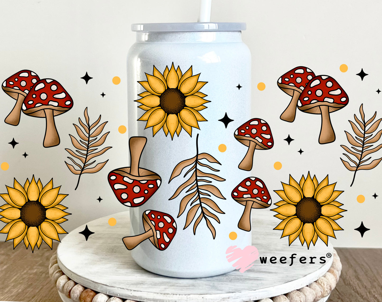 Mushrooms and Sunflowers UV DTF Cup Wrap 16oz Glass Can Generic Weefers