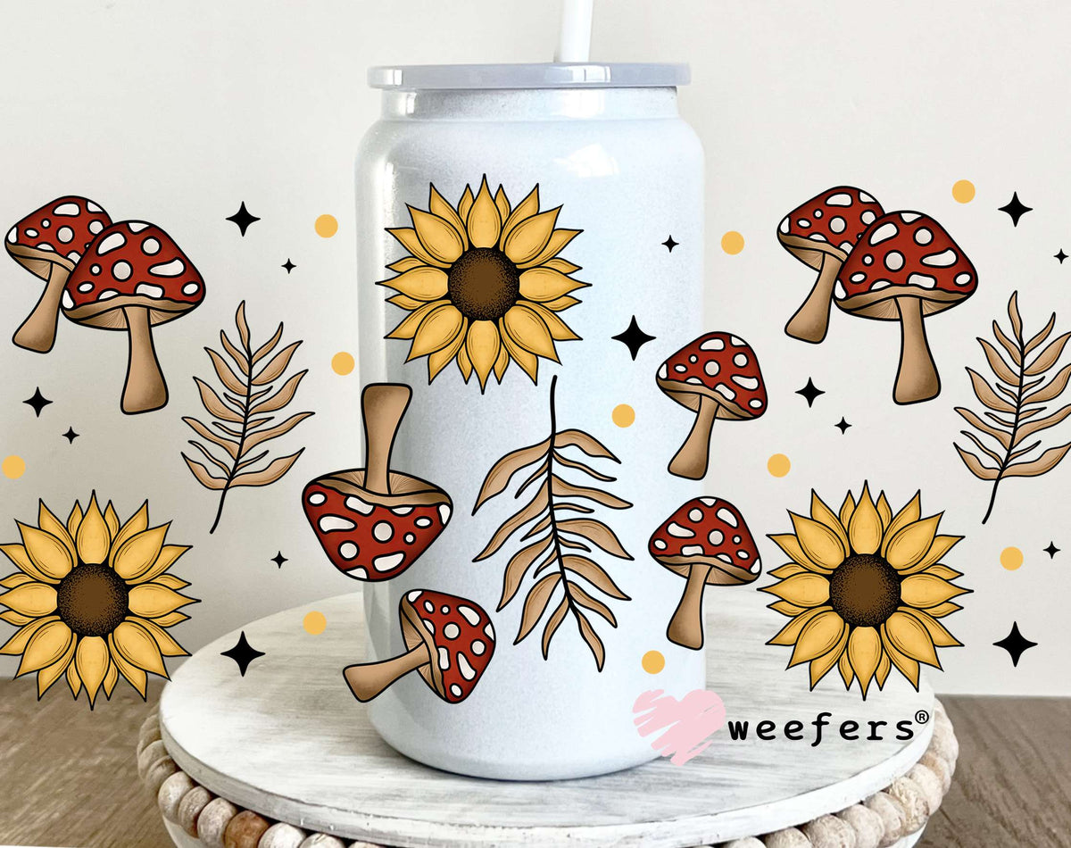 Mushrooms and Sunflowers UV DTF Cup Wrap 16oz Glass Can Generic Weefers