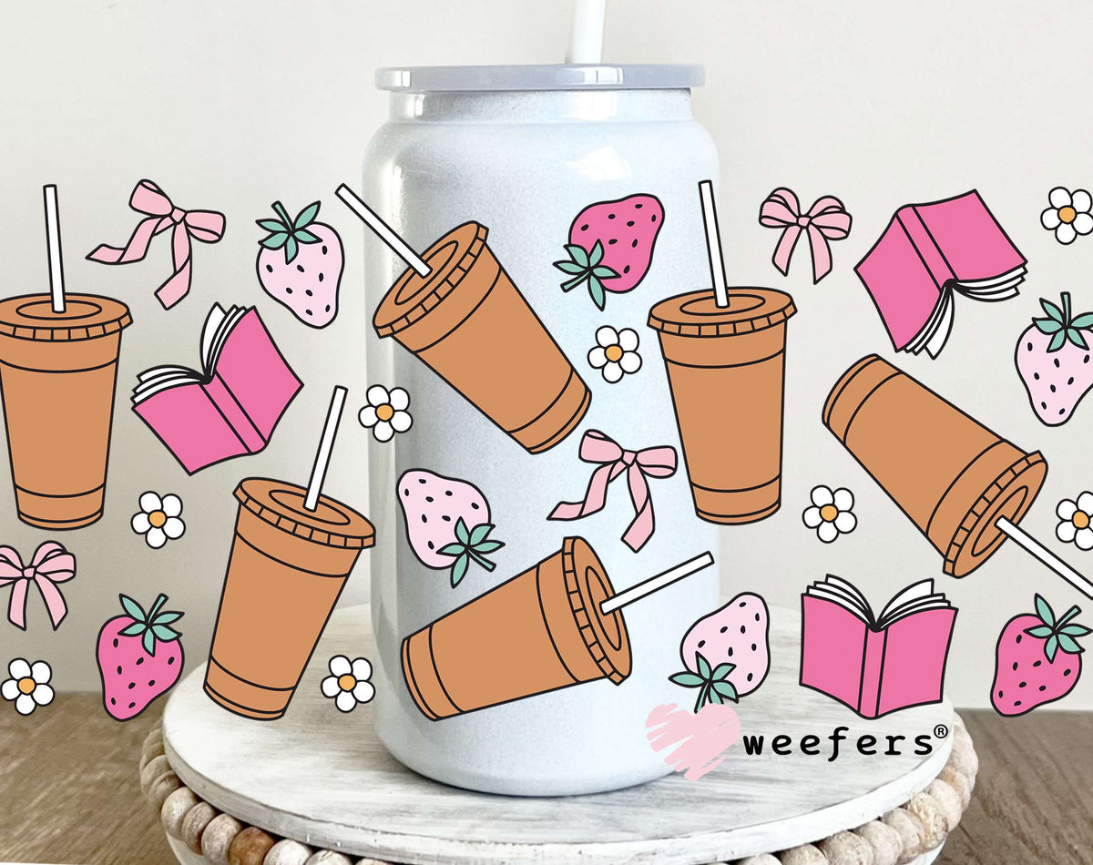 Books and Iced Coffee UV DTF Cup Wrap 16oz Glass Can Generic Weefers