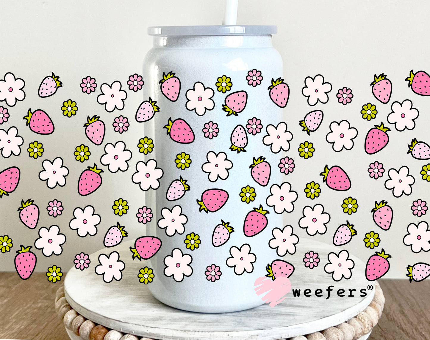 Strawberry Flowers Fields UV DTF Cup Wrap 16oz Glass Can Generic Weefers