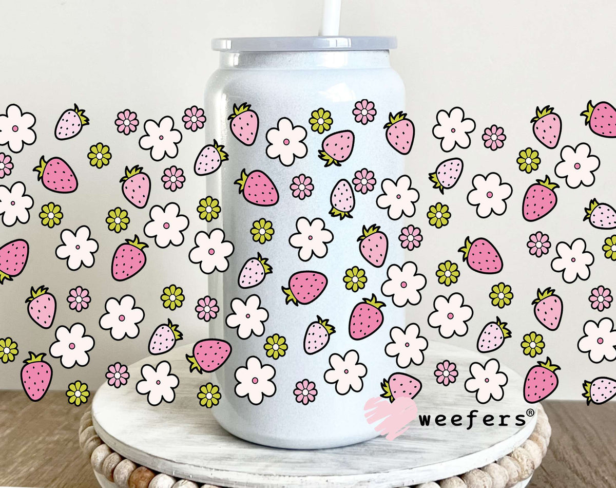 Strawberry Flowers Fields UV DTF Cup Wrap 16oz Glass Can Generic Weefers