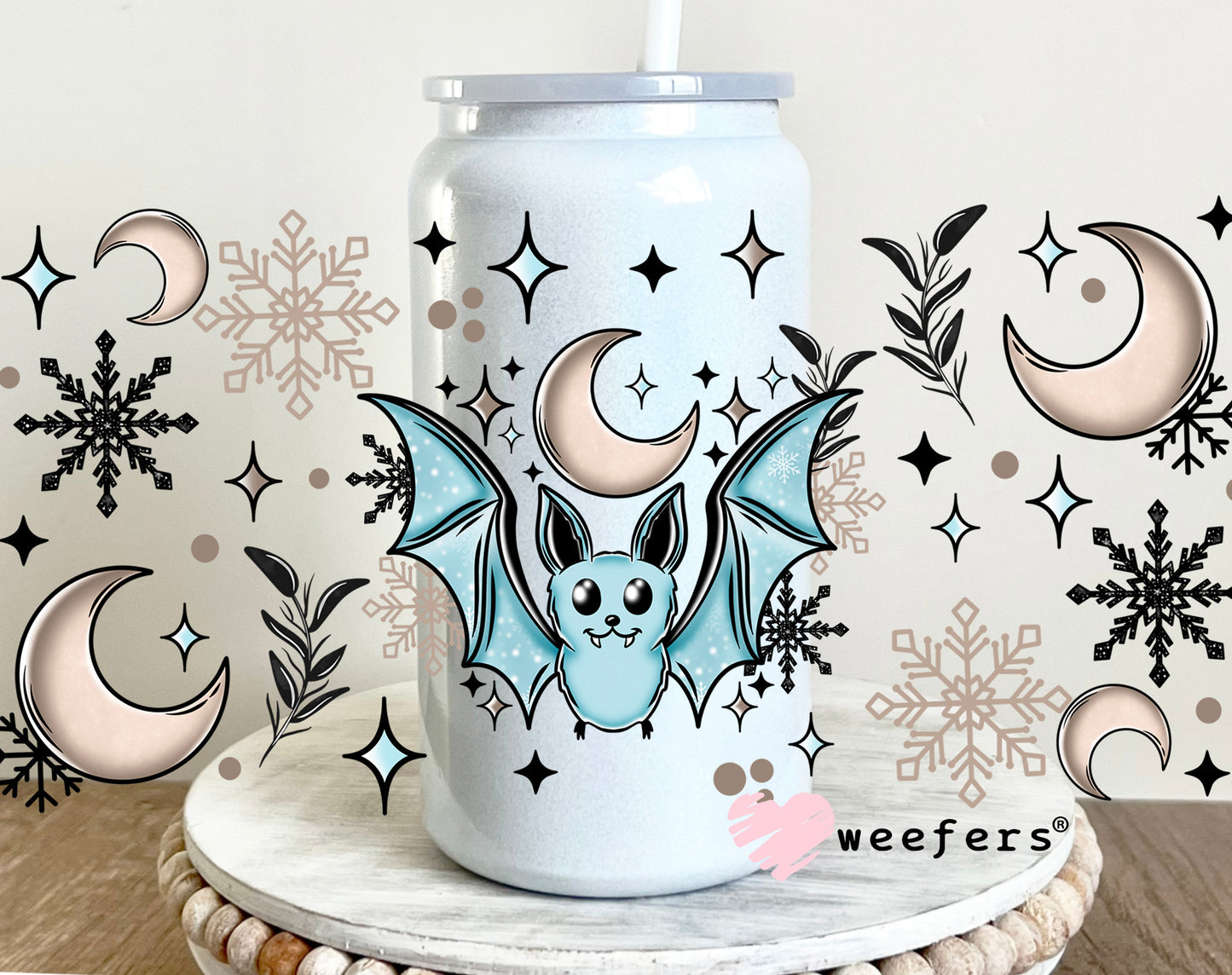 Bats Moons and Snowflakes UV DTF Cup Wrap 16oz Glass Can Generic Weefers