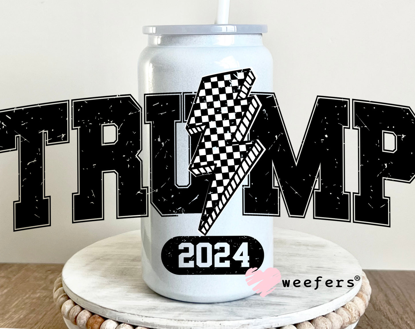 Trump Checkered Lightening Bolt 2024 UV DTF Cup Wrap 16oz Glass Can Generic Weefers