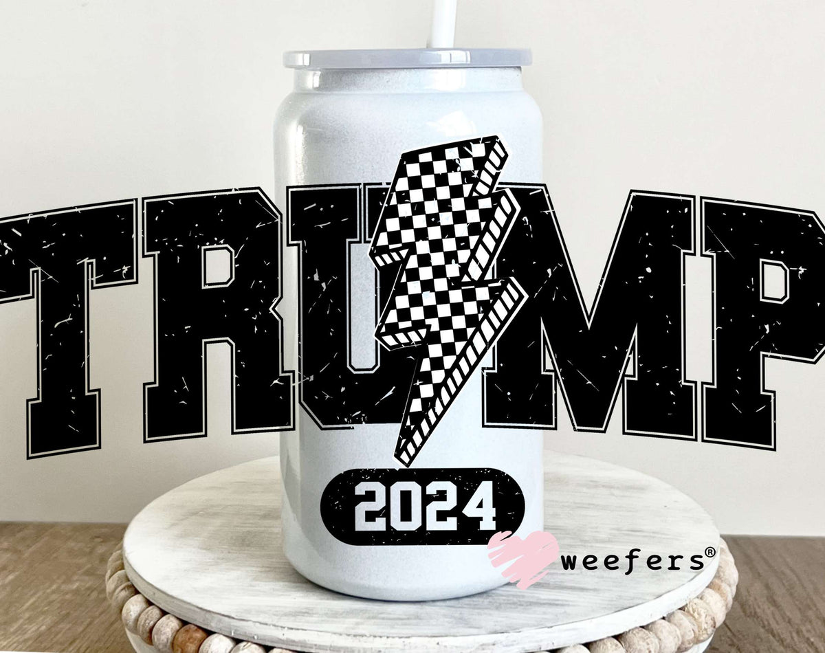 Trump Checkered Lightening Bolt 2024 UV DTF Cup Wrap 16oz Glass Can Generic Weefers