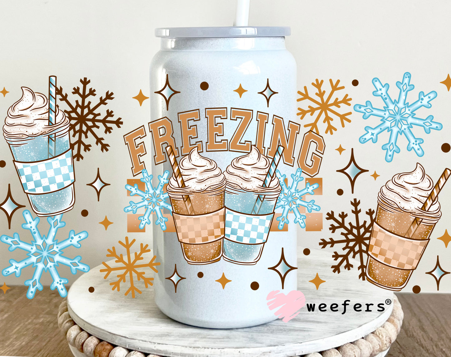 Freezing Blue Snowflakes UV DTF Cup Wrap 16oz Glass Can Generic Weefers