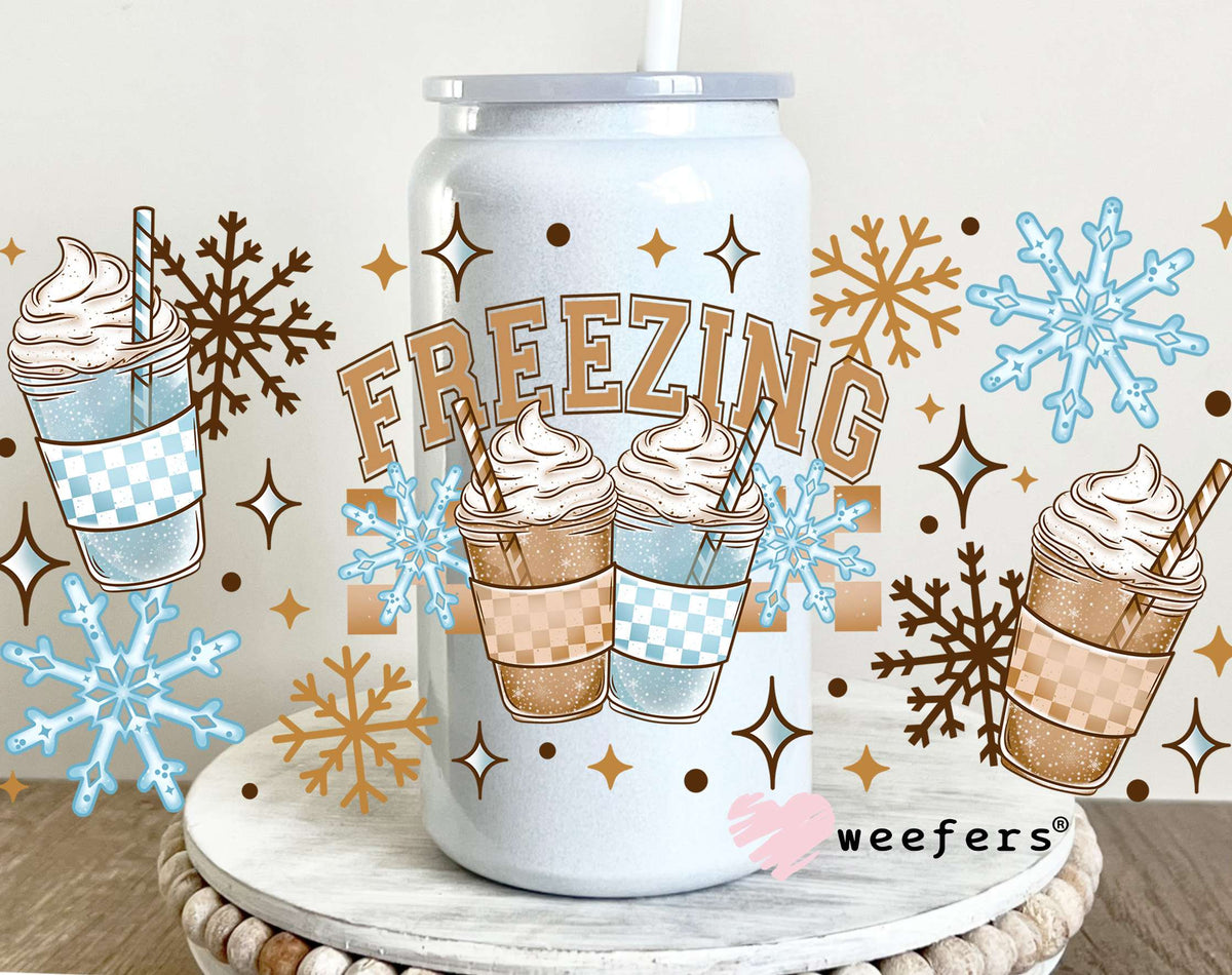 Freezing Blue Snowflakes UV DTF Cup Wrap 16oz Glass Can Generic Weefers