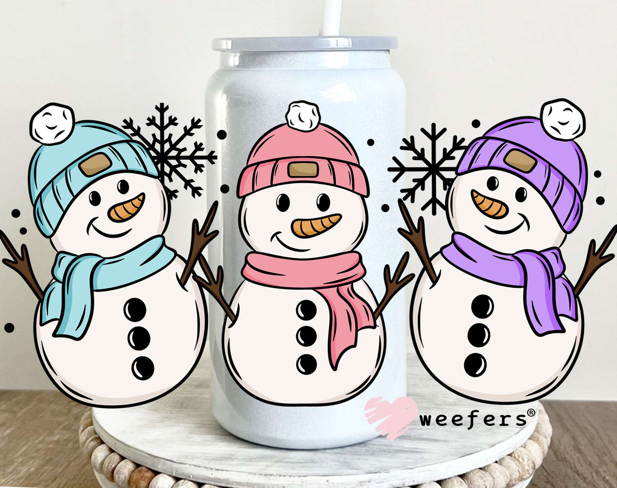 Snowmen Trio Blue Pink Purple UV DTF Cup Wrap 16oz Glass Can Generic Weefers
