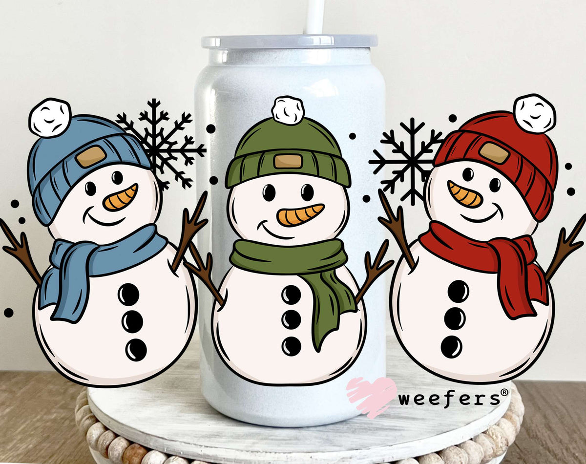 Snowmen Trio Blue Green Red UV DTF Cup Wrap 16oz Glass Can Generic Weefers