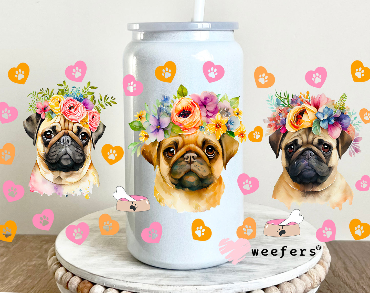 Floral Pugs UV DTF Cup Wrap 16oz Glass Can Generic Weefers