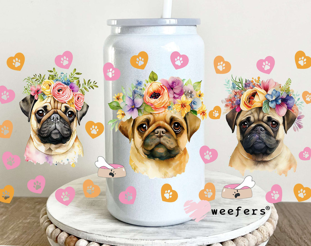 Floral Pugs UV DTF Cup Wrap 16oz Glass Can Generic Weefers