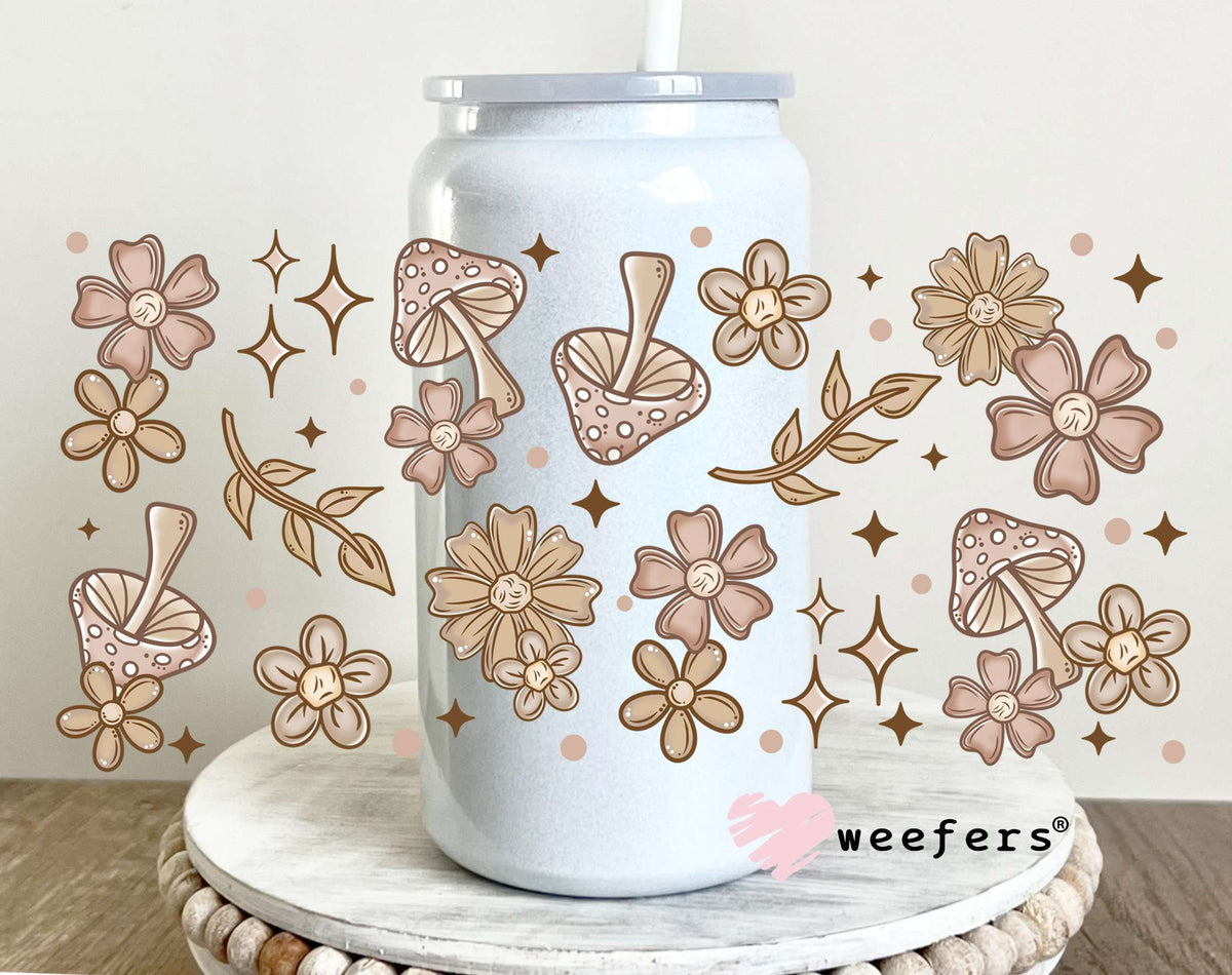 Mushroom and Flowers Neutral UV DTF Cup Wrap 16oz Glass Can Generic Weefers