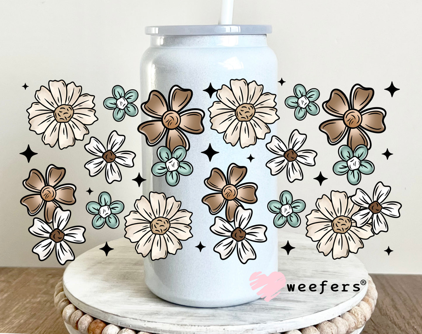 Teal and Brown Flowers UV DTF Cup Wrap 16oz Glass Can Generic Weefers