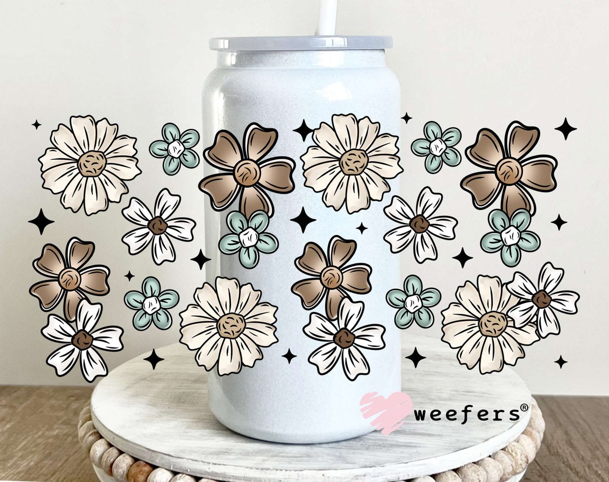 Teal and Brown Flowers UV DTF Cup Wrap 16oz Glass Can Generic Weefers