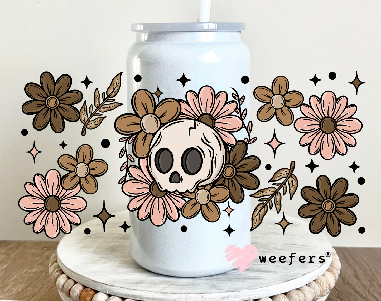 Skull Mauve and Brown Flowers UV DTF Cup Wrap 16oz Glass Can Generic Weefers