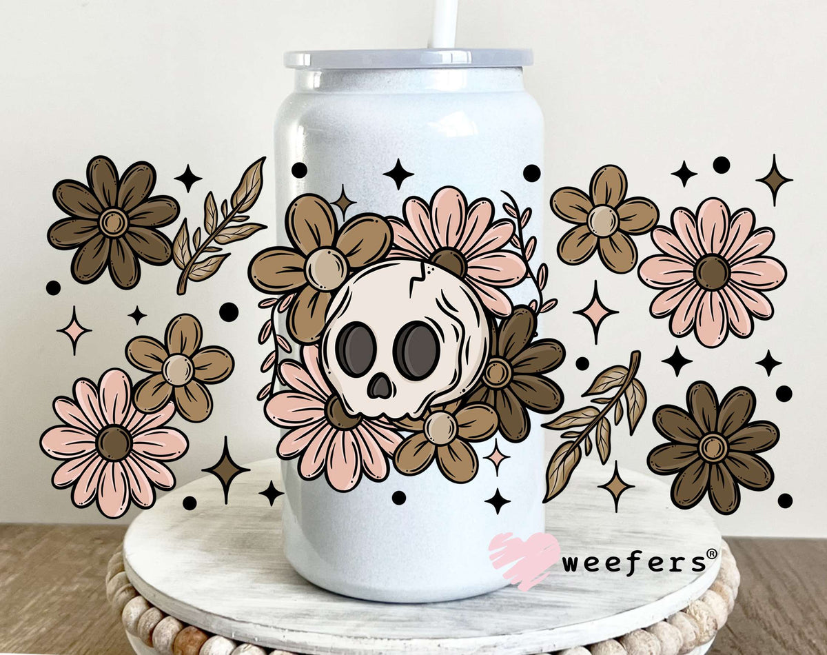 Skull Mauve and Brown Flowers UV DTF Cup Wrap 16oz Glass Can Generic Weefers