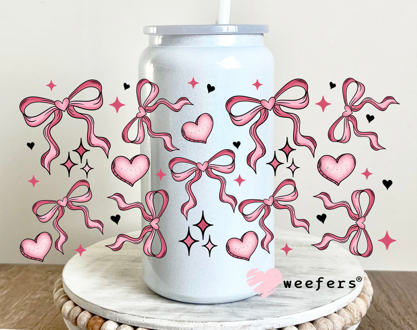 Coquette Bows and Hearts UV DTF Cup Wrap 16oz Glass Can Generic Weefers