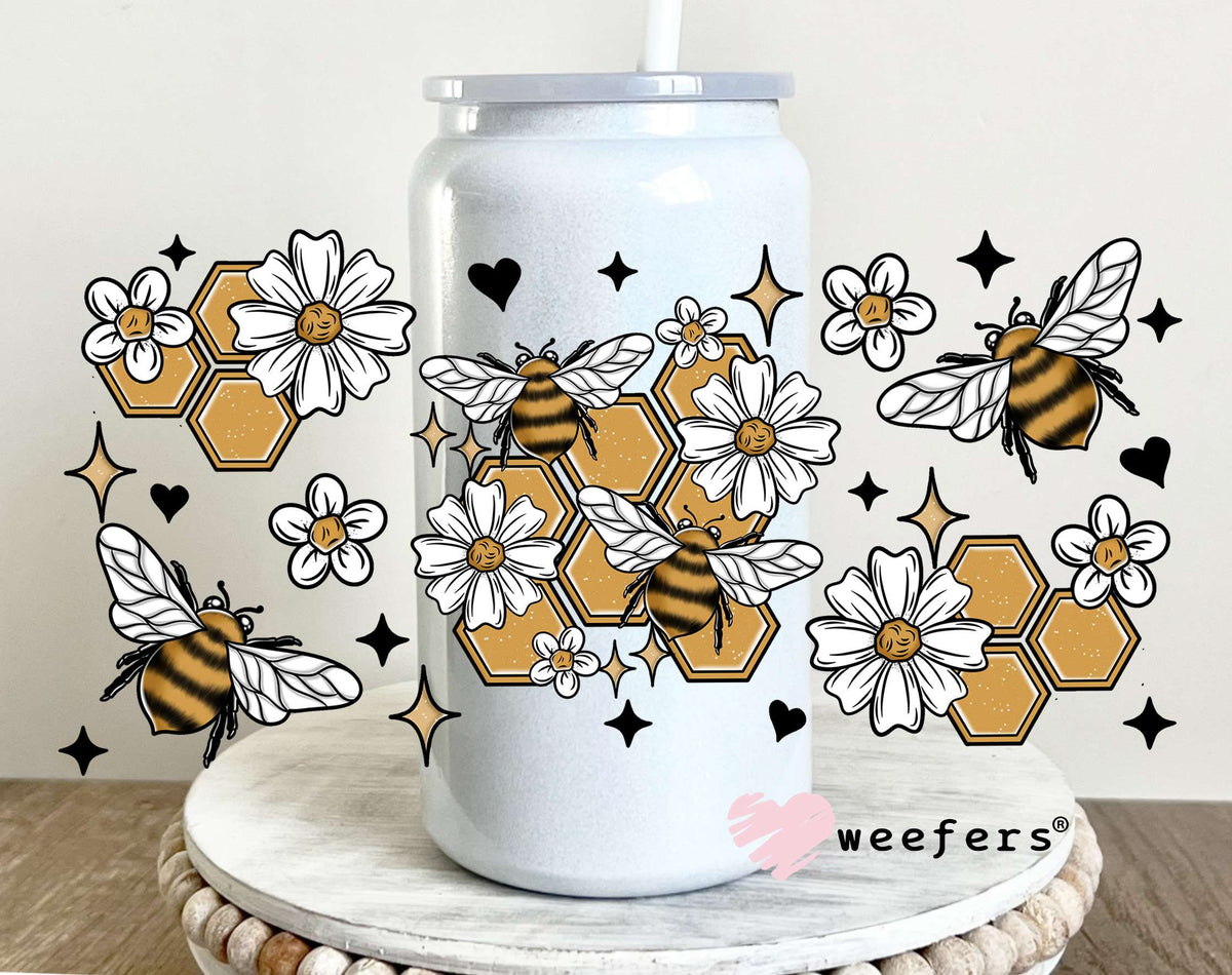 Honey Comb Bees and Flowers UV DTF Cup Wrap 16oz Glass Can Generic Weefers