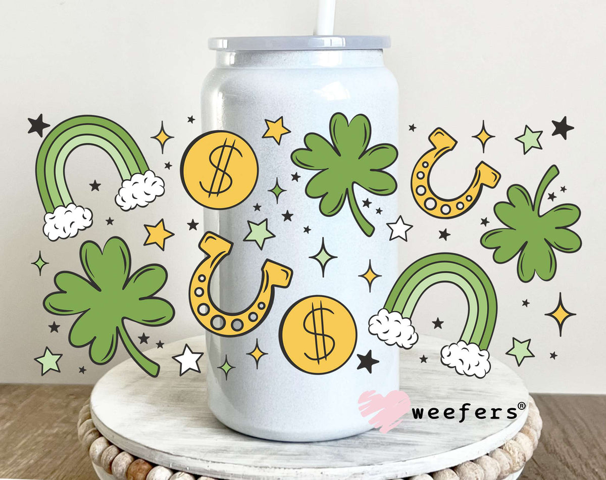 Lucky Clovers Horseshoes UV DTF Cup Wrap 16oz Glass Can Generic Weefers