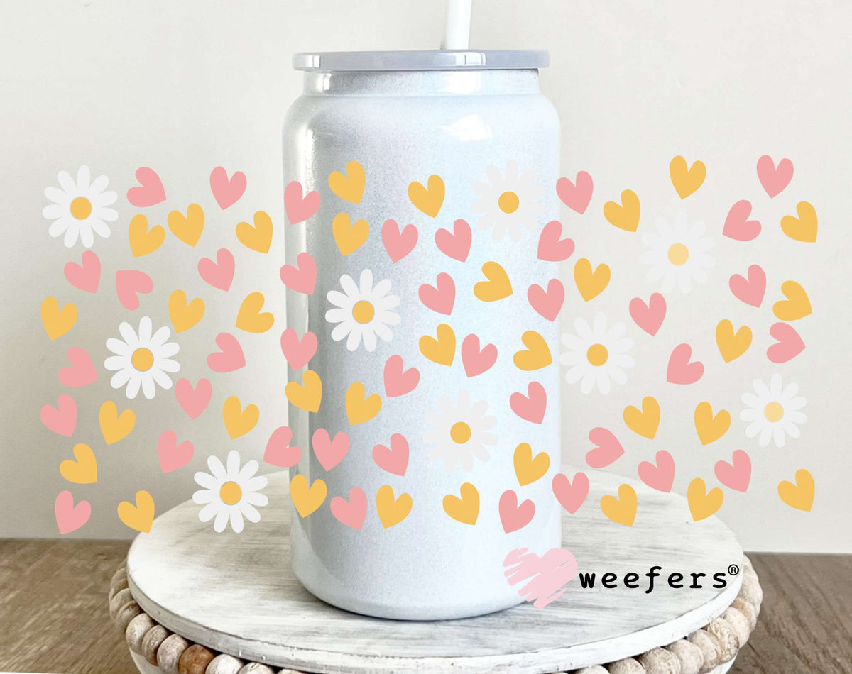 Hearts and Flowers White Pink Yellow UV DTF Cup Wrap 16oz Glass Can Generic Weefers