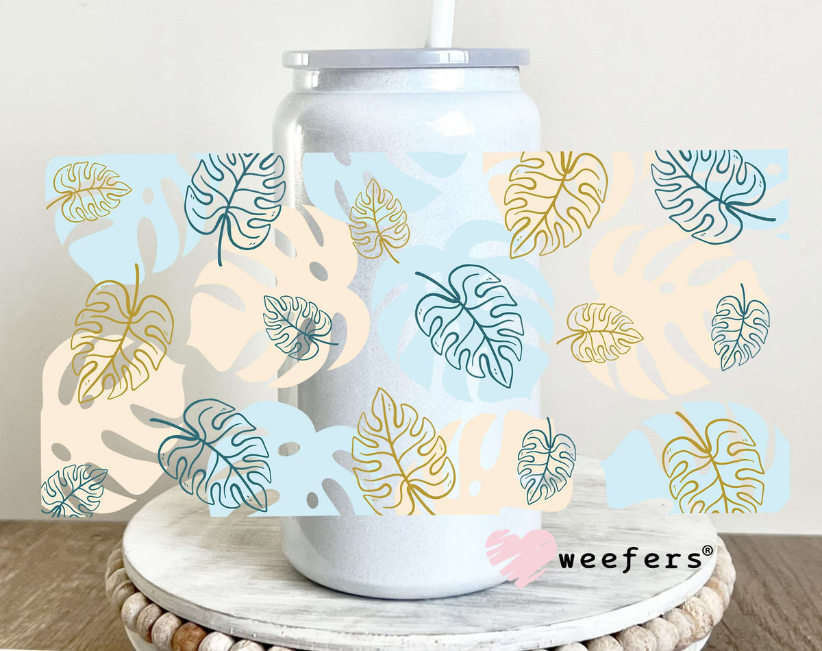 Monstera Blue Cream UV DTF Cup Wrap 16oz Glass Can Generic Weefers