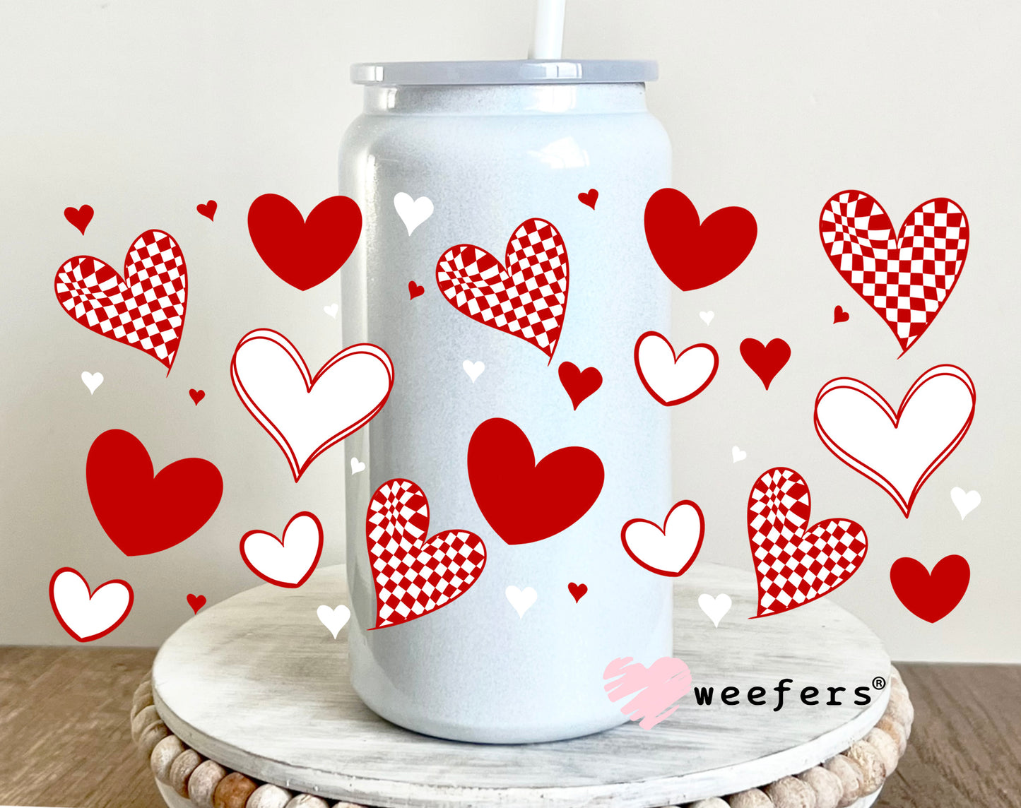 Valentine Red Hearts UV DTF Cup Wrap 16oz Glass Can Generic Weefers