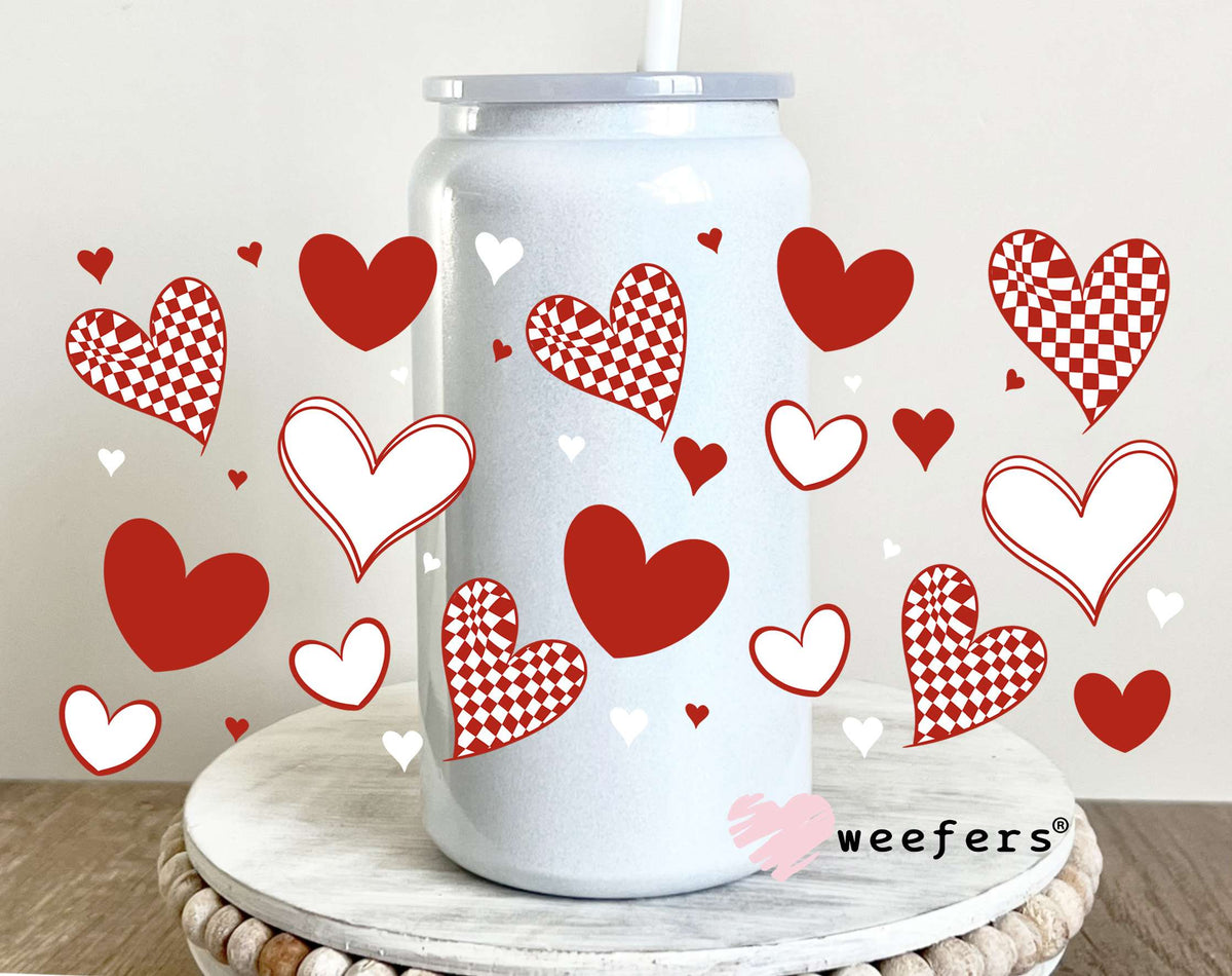 Valentine Red Hearts UV DTF Cup Wrap 16oz Glass Can Generic Weefers