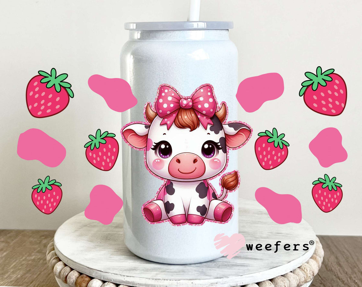 Baby Cow Pink Strawberries UV DTF Cup Wrap 16oz Glass Can Generic Weefers