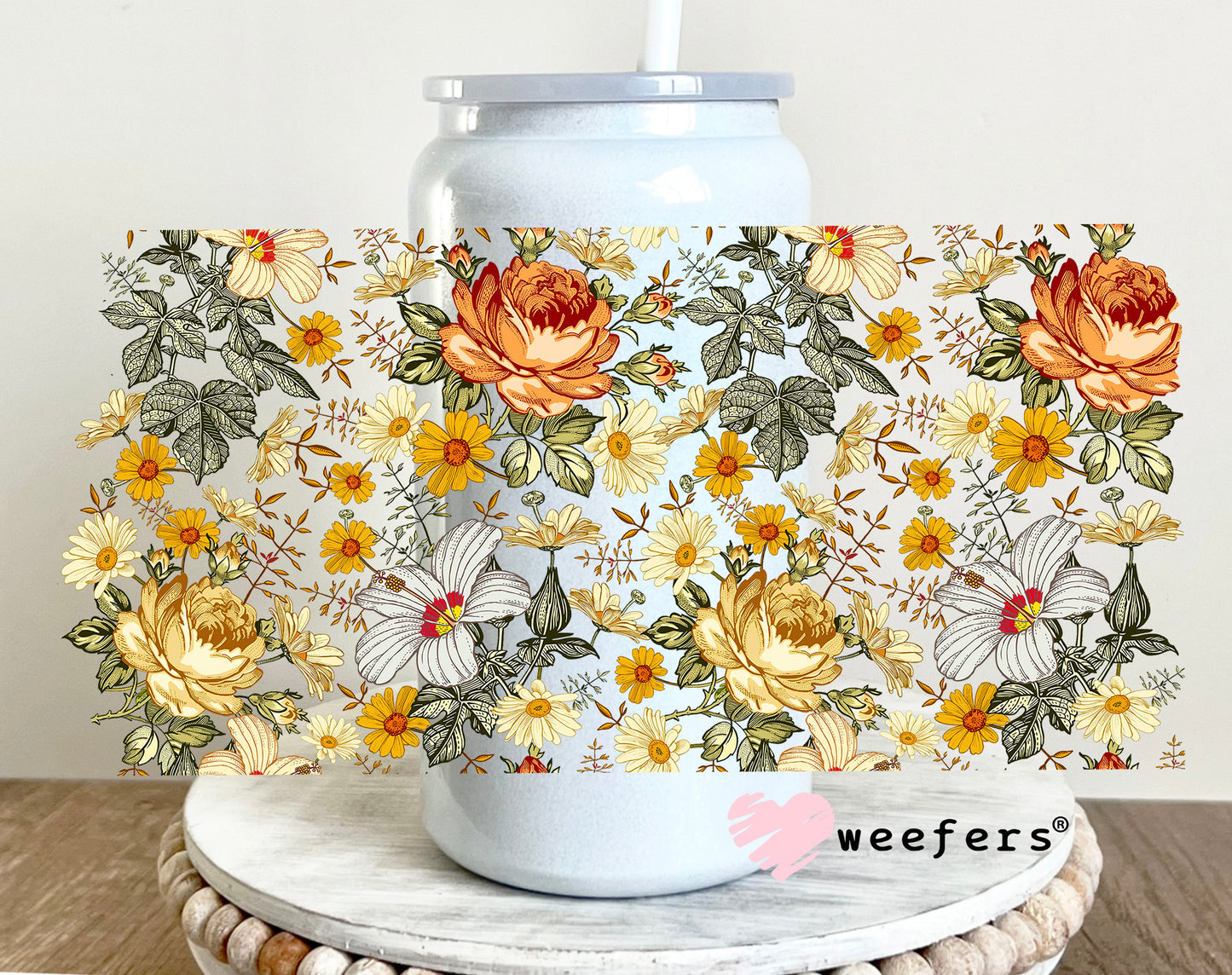 Rust and Gold Florals UV DTF Cup Wrap 16oz Glass Can Generic Weefers