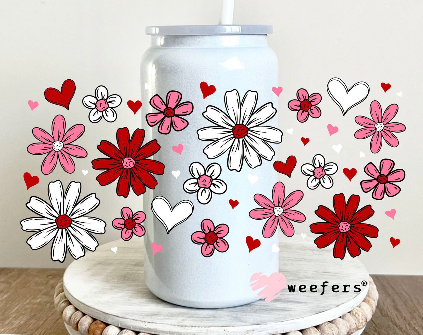 Pink and Red Hearts and Flowers UV DTF Cup Wrap 16oz Glass Can Generic Weefers